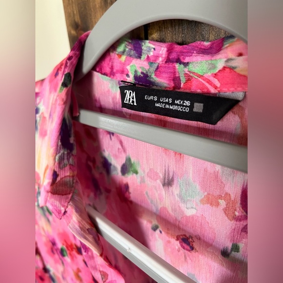 ZARA Pink Floral Button Down Long Sleeve Sheer Blouse with Collar Women’s Size S - Picture 9 of 13